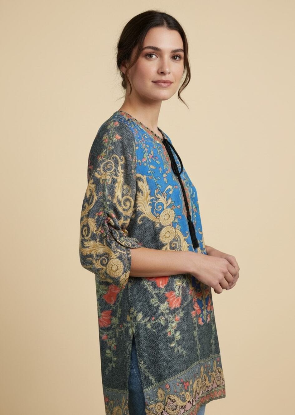 Tolani 100% Silk Paisley Tunic Top Teal Blue Gold Women's S